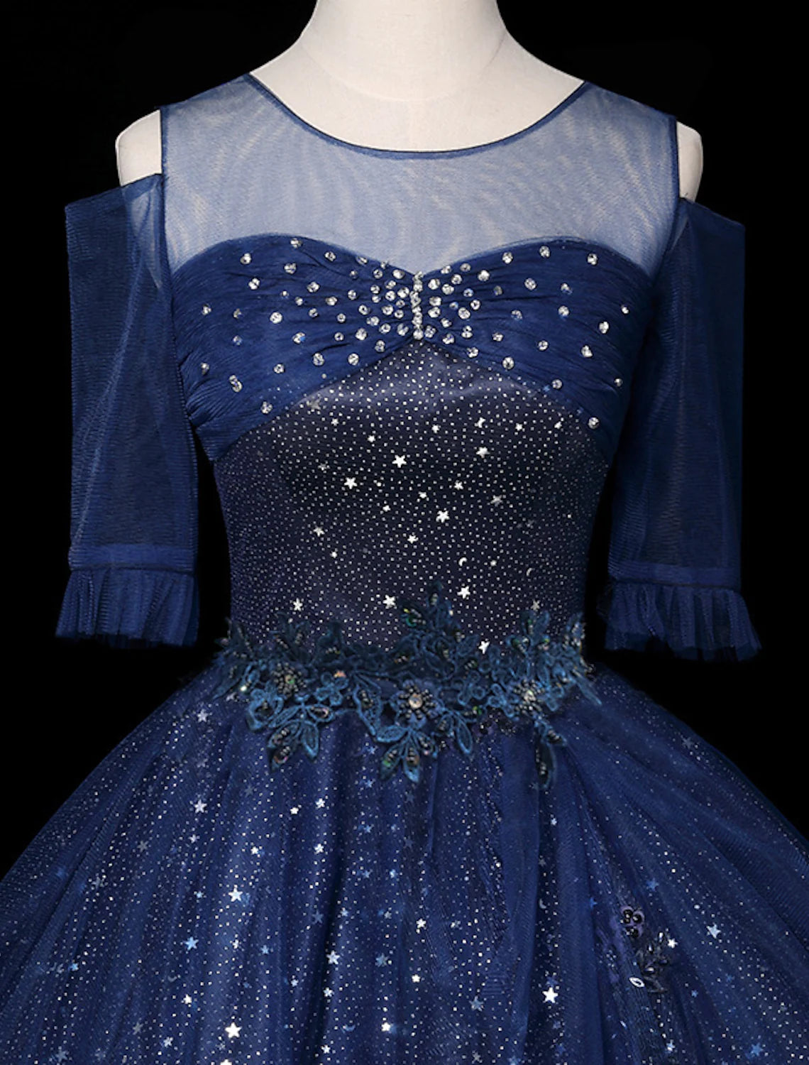 Sparkling Elegant Ball Gown Illusion Half Sleeve Sequin Quinceanera Prom Dress.