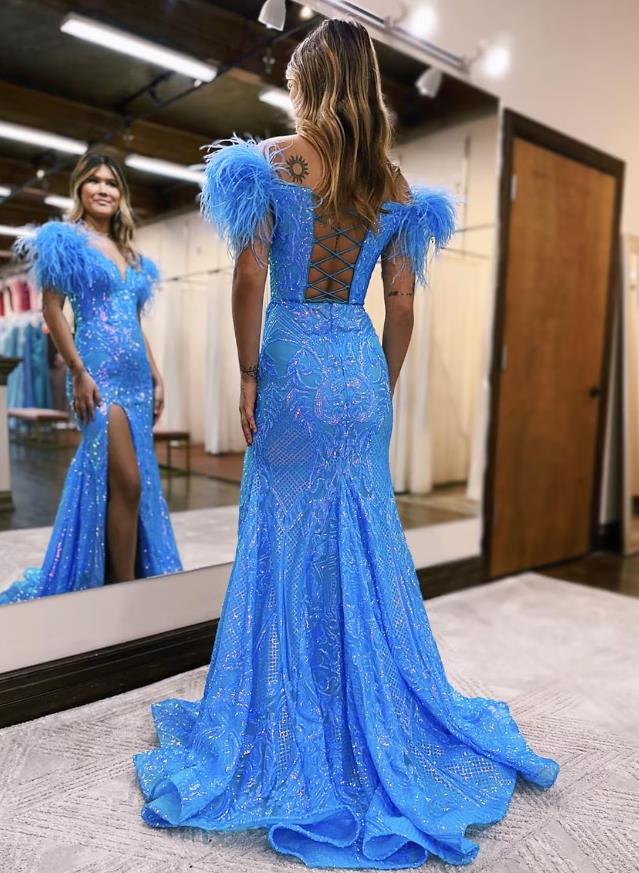 Sparkling Mermaid Trumpet V-Neck Sequined Backless Prom Dress with Court Train.