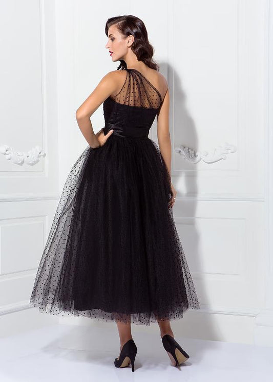 Vintage A-Line one-shoulder pleated tulle dark ankle-length dress.