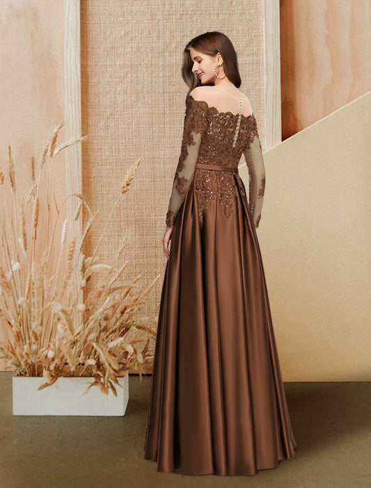 A-Line Evening Gown Glittering Dress Engagement Floor Length Long Sleeve Off Shoulder Satin with Sequin Slit Lace Insert