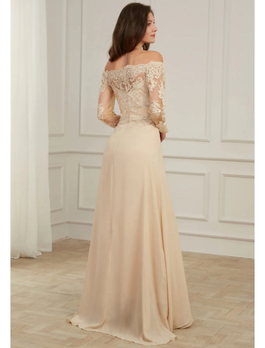 A-Line Evening Gown Elegant Dress Wedding Guest Floor Length Long Sleeve Off Shoulder Polyester with Overskirt Appliques Mother of The Bride Dress