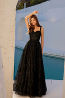 Black Glitter Tulle A-Line Sweetheart Spaghetti Strap Lace Up Back Prom Dress