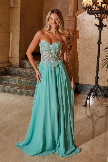 Turquoise A-Line Strapless Sweetheart Sheer Corset Chiffon Gown