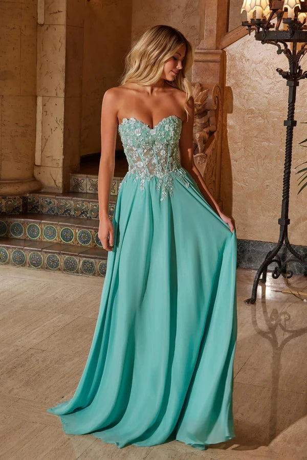 Turquoise A-Line Strapless Sweetheart Sheer Corset Chiffon Gown