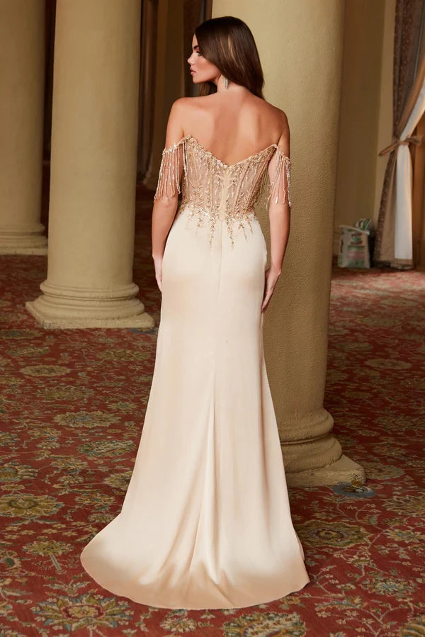 Champagne Satin Mermaid Off Shoulder Fringe Beaded Corset Slit Prom Dress