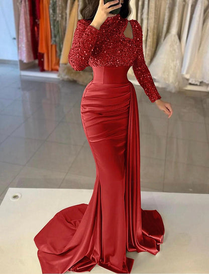 Mermaid Gown Elegant Formal Train Long Sleeve High Neck Satin with Pearls Sequin Evening Dress
