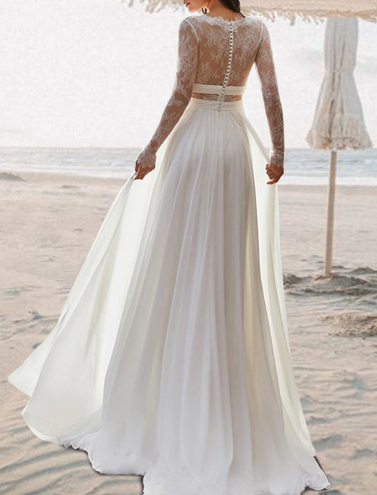 Beach Open Back V Neck Sleeveless Floor Length Chiffon Bridal Gowns With Pleats Wedding Dresses