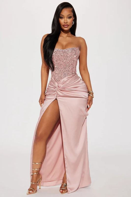 Strapless sparkly beaded bodice twisted knot satin high-slit lace-up-back long evening gown