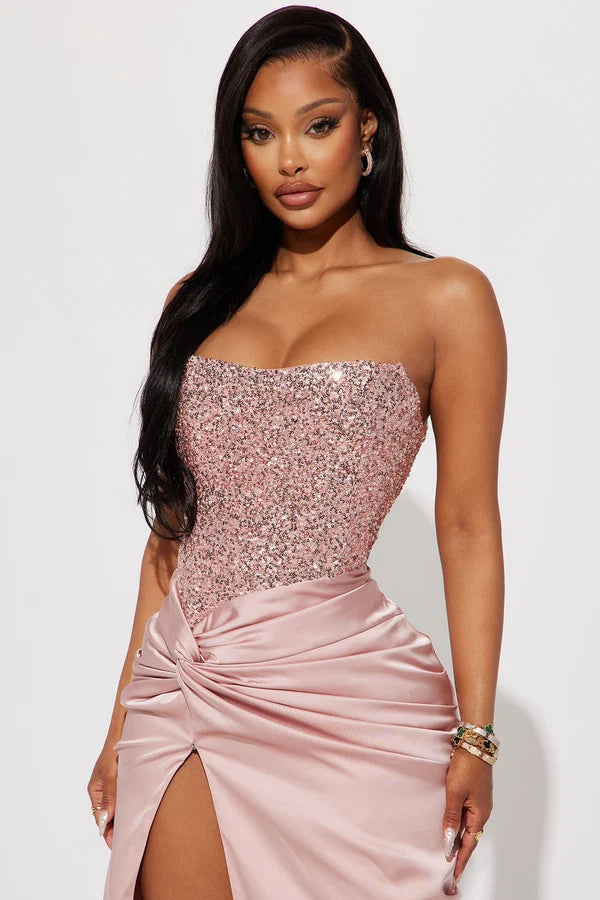 Strapless sparkly beaded bodice twisted knot satin high-slit lace-up-back long evening gown