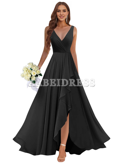 Prom Dress Ruffle Bridesmaid Dresses Long Slit Chiffon Pleated Evening Dress Wedding Guest Dresses Formal Wear Dresses