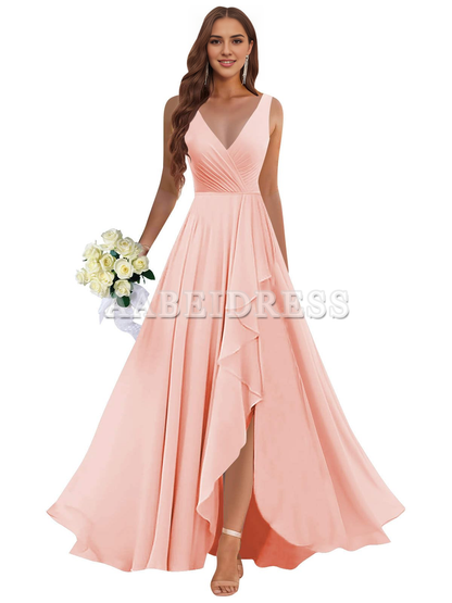 Prom Dress Ruffle Bridesmaid Dresses Long Slit Chiffon Pleated Evening Dress Wedding Guest Dresses Formal Wear Dresses