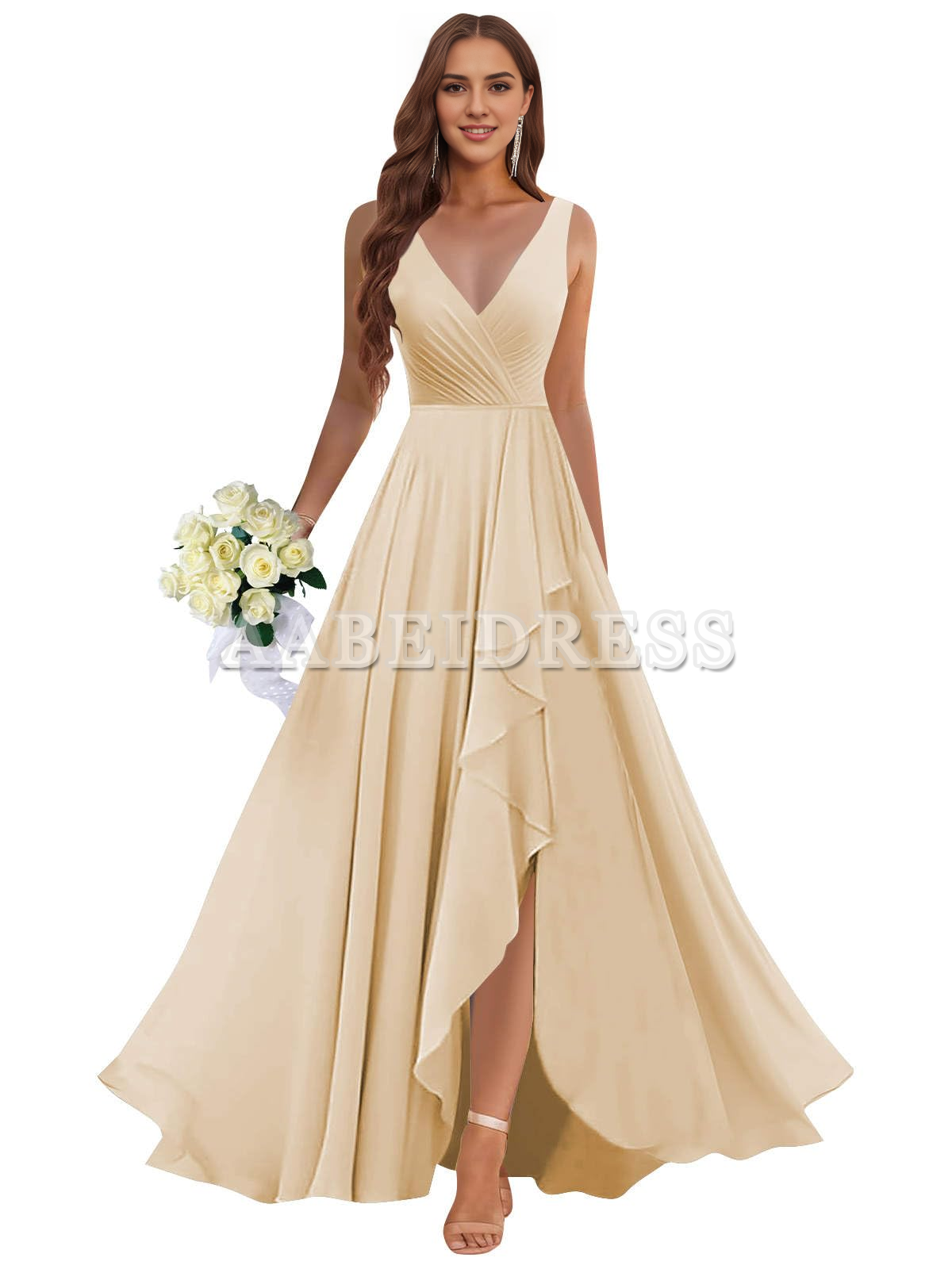 Prom Dress Ruffle Bridesmaid Dresses Long Slit Chiffon Pleated Evening Dress Wedding Guest Dresses Formal Wear Dresses