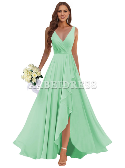 Prom Dress Ruffle Bridesmaid Dresses Long Slit Chiffon Pleated Evening Dress Wedding Guest Dresses Formal Wear Dresses
