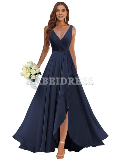 Prom Dress Ruffle Bridesmaid Dresses Long Slit Chiffon Pleated Evening Dress Wedding Guest Dresses Formal Wear Dresses