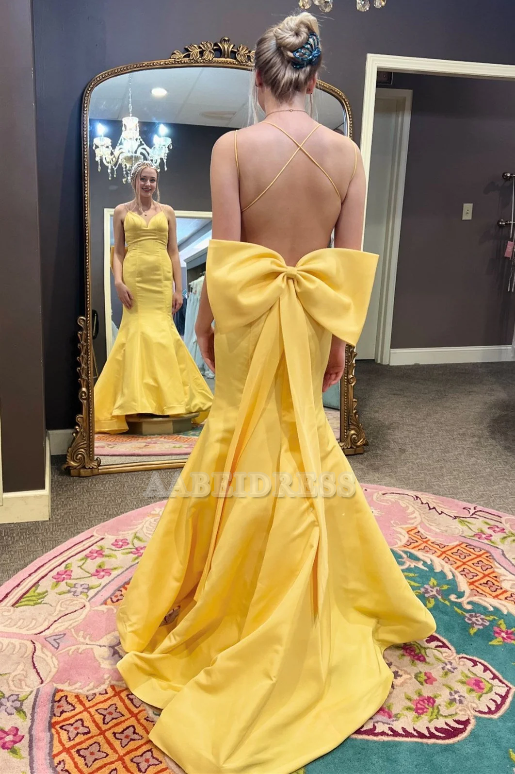 Evening Dress V-Neck Spaghetti Strap Bow-Back Trumpet Long Gown Backless Exquisite Charming Formal Women's Dresses