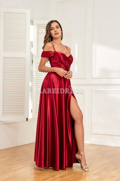 Prom Dress A Line Off Shoulder Satin Bridesmaid Dresses Spaghetti Strap Long Ruched Side Fork Wedding Guest Dresses Formal Wear Dresses