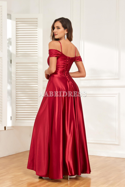 Prom Dress A Line Off Shoulder Satin Bridesmaid Dresses Spaghetti Strap Long Ruched Side Fork Wedding Guest Dresses Formal Wear Dresses