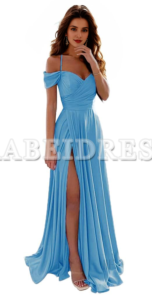 Prom Dress A Line Off Shoulder Satin Bridesmaid Dresses Spaghetti Strap Long Ruched Side Fork Wedding Guest Dresses Formal Wear Dresses