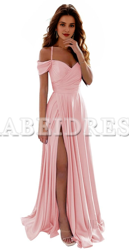 Prom Dress A Line Off Shoulder Satin Bridesmaid Dresses Spaghetti Strap Long Ruched Side Fork Wedding Guest Dresses Formal Wear Dresses