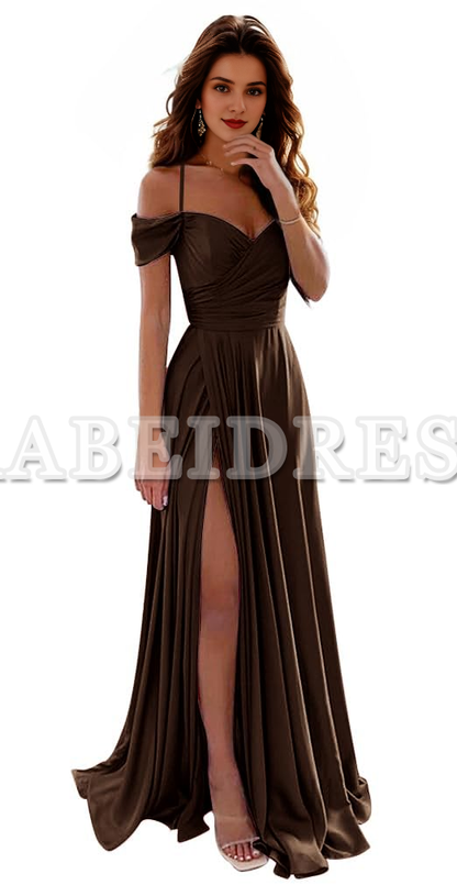 Prom Dress A Line Off Shoulder Satin Bridesmaid Dresses Spaghetti Strap Long Ruched Side Fork Wedding Guest Dresses Formal Wear Dresses