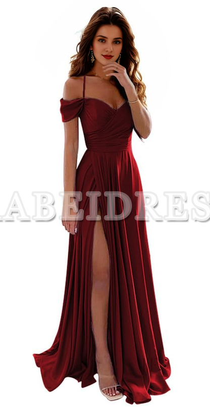 Prom Dress A Line Off Shoulder Satin Bridesmaid Dresses Spaghetti Strap Long Ruched Side Fork Wedding Guest Dresses Formal Wear Dresses