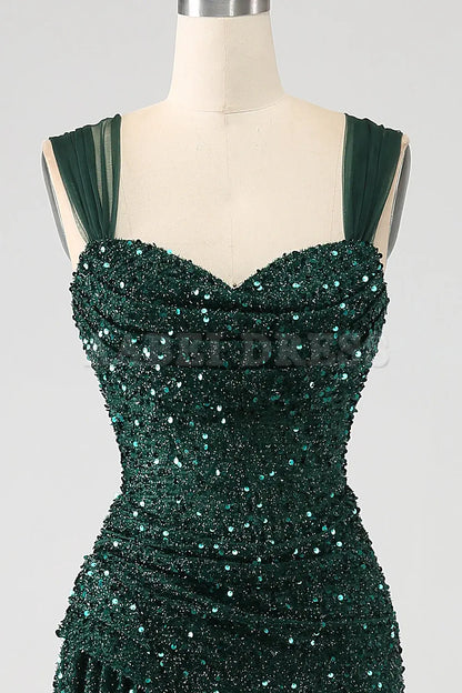 Prom Dress  Heart-shaped collar Sparkly Sheath Shining Pleated Long Side Fork Gorgeous High Quality Formal Wear Dresses