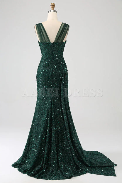 Prom Dress  Heart-shaped collar Sparkly Sheath Shining Pleated Long Side Fork Gorgeous High Quality Formal Wear Dresses