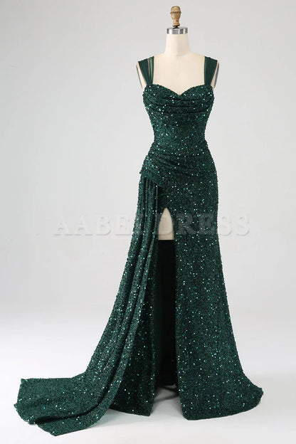 Prom Dress  Heart-shaped collar Sparkly Sheath Shining Pleated Long Side Fork Gorgeous High Quality Formal Wear Dresses
