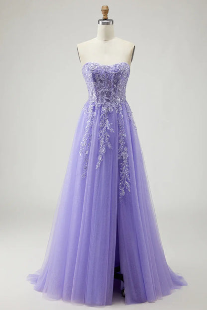 Gorgeous Prom Dress Sparkly Purple Sequin Floral A-Line Strapless with Detachable Sleeves Backless Side Fork Ruched Bargain Long Wedding Guest Dress
