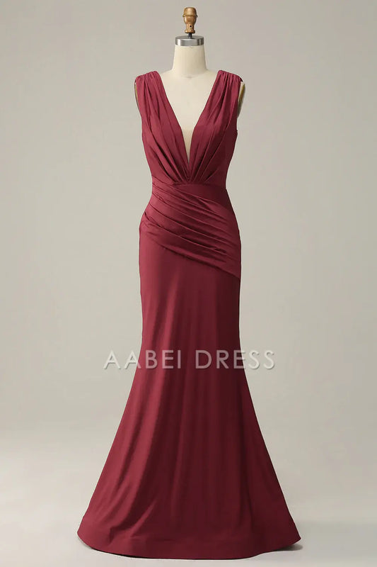 AABEI DRESS Hot Sale Prom Dress Elegant Mermaid Deep V Neck Sleeveless Pleated Long Party Dress
