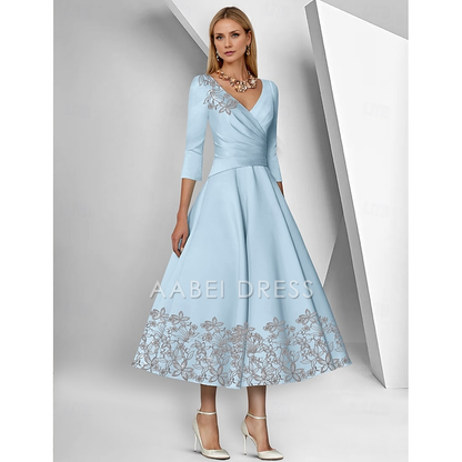 AABEI DRESS Wedding Guest Dress A-Line V Neck 3/4 Length Sleeve Ankle Length Tea Length Lace Ruched Sequin Elegant Simple Mother of the Bride Dress