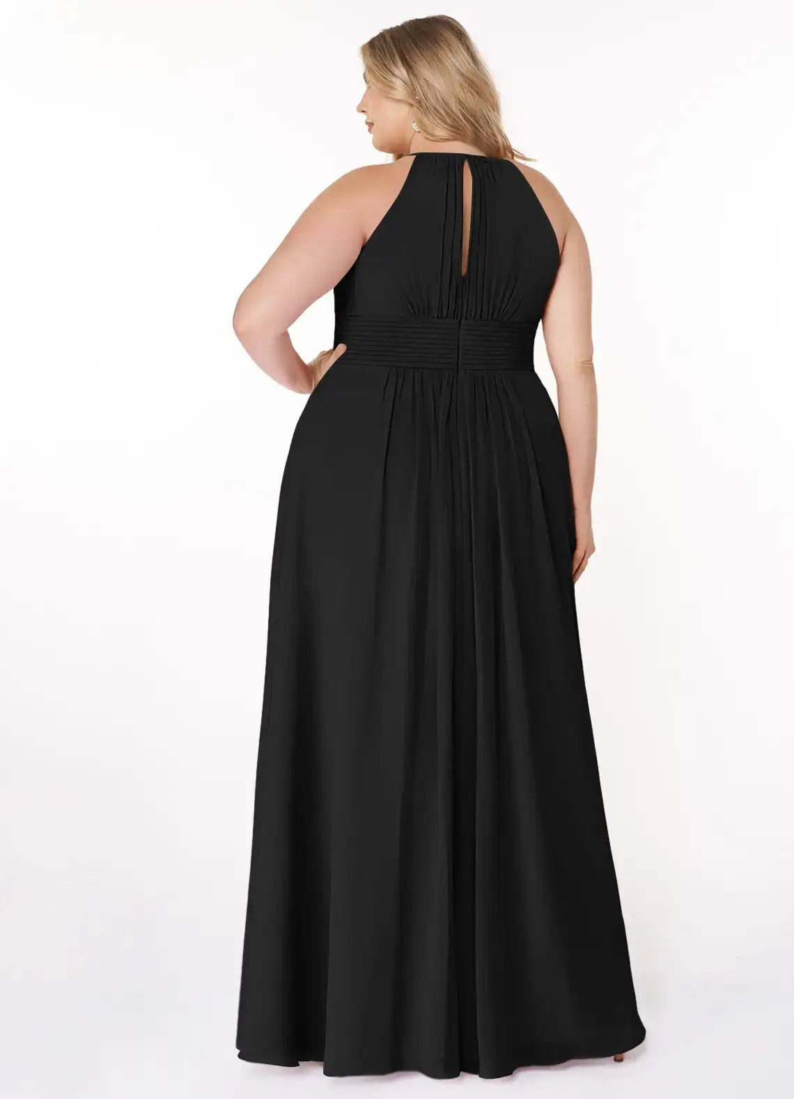 Wedding Guests Dresses Black A-Line Halter Keyhole Pleated Sleeveless Chiffon Floor-Length Classic Plus Size Formal Dress Discount Hot Sale Prom Dress