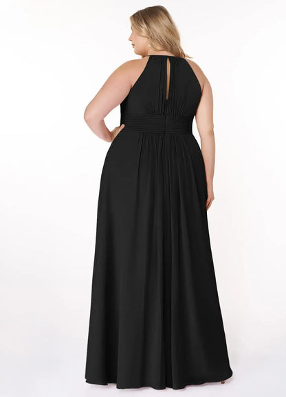 Wedding Guests Dresses Black A-Line Halter Keyhole Pleated Sleeveless Chiffon Floor-Length Classic Plus Size Formal Dress Discount Hot Sale Prom Dress