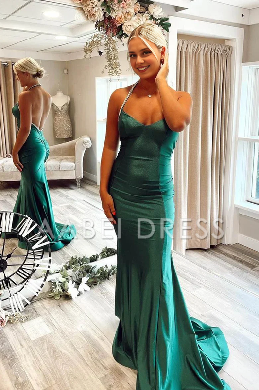 AABEI DRESS Prom Dress Sexy Mermaid Halter Open Back Long Satin Charming Formal Dress