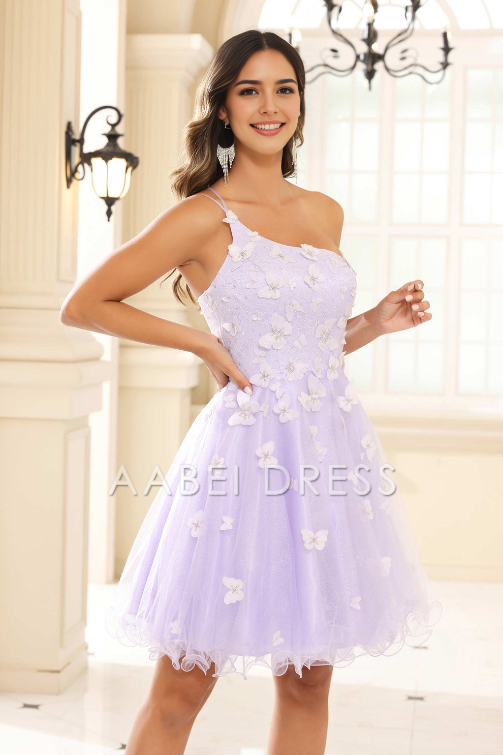 AABEI DRESS Short Dress Unique A-Line One-Shoulder Spaghetti Straps 3D Butterfly Decal Ruffles Fashion New Homecoming Dress