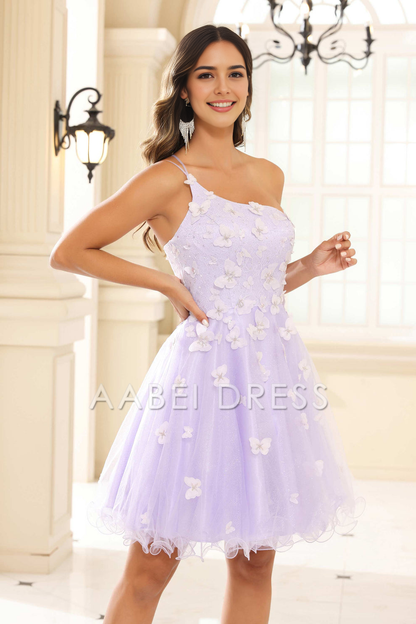 AABEI DRESS Short Dress Unique A-Line One-Shoulder Spaghetti Straps 3D Butterfly Decal Ruffles Fashion New Homecoming Dress