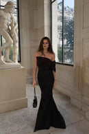 Elegant Formal Women's Dresses Black Mermaid Irregular One Shoulder Strapless Sleeveless With Pleated Fashion Floor Length Affordable Prom Dress