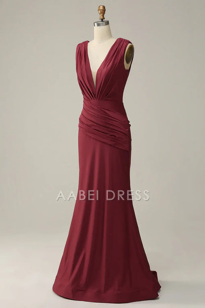 AABEI DRESS Hot Sale Prom Dress Elegant Mermaid Deep V Neck Sleeveless Pleated Long Party Dress