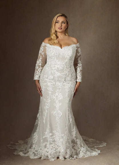 Luxury Mermaid Off Shoulder V Neck Long Sleeves Lace Applique Exquisite Retro Plus Size Hot Sale Wedding Dress