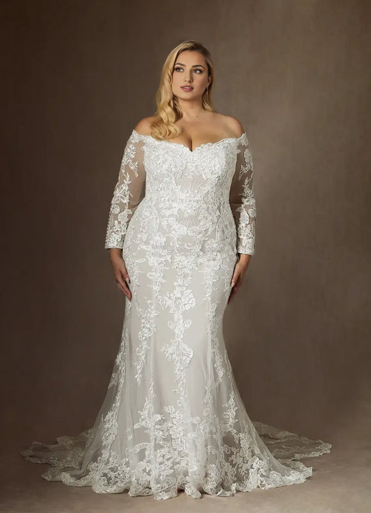 Luxury Mermaid Off Shoulder V Neck Long Sleeves Lace Applique Exquisite Retro Plus Size Hot Sale Wedding Dress