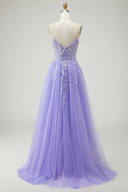 Gorgeous Prom Dress Sparkly Purple Sequin Floral A-Line Strapless with Detachable Sleeves Backless Side Fork Ruched Bargain Long Wedding Guest Dress