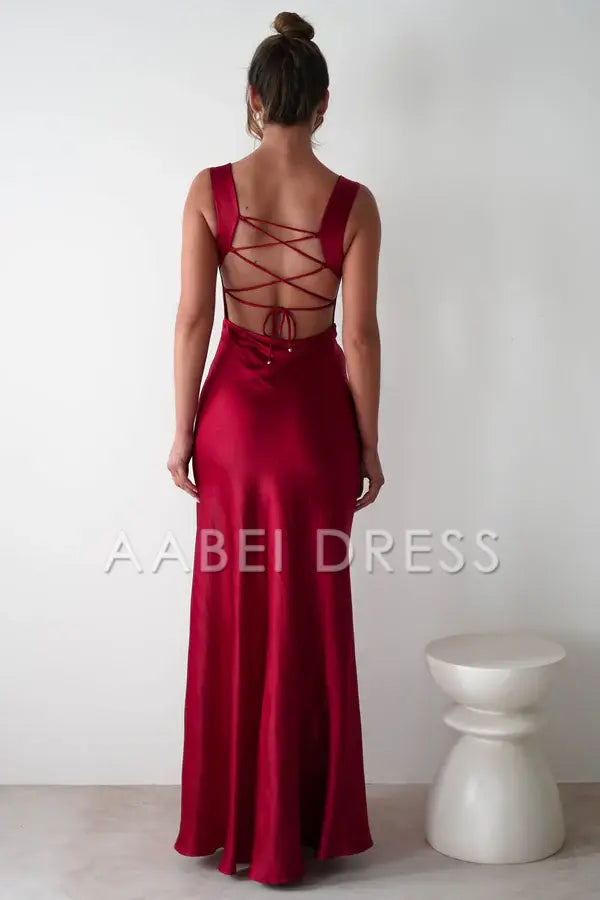 AABEI DRESS Prom Dress Soft satin cowl neckline Open back lace-up straps high slit Sexy Elegant Dress