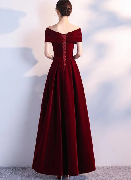 Burgundy Off The Shoulder Velvet A Line Prom Dress Lace Up Back