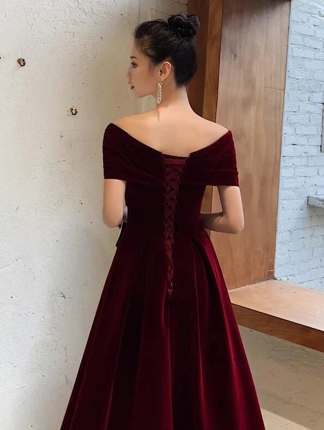 Burgundy Off Shoulder Velvet A Line Formal Evening Dress