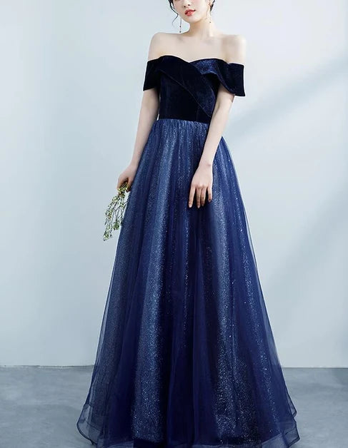 Navy Off Shoulder Velvet Bodice Glitter Tulle A Line Prom Dress