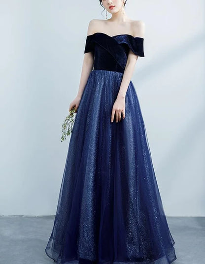 Navy Off Shoulder Velvet Bodice Glitter Tulle A Line Prom Dress