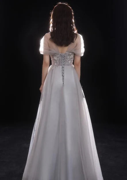 Grey Tulle A Line Prom Dress Lace Appliques Puff Short Sleeve Corset Back