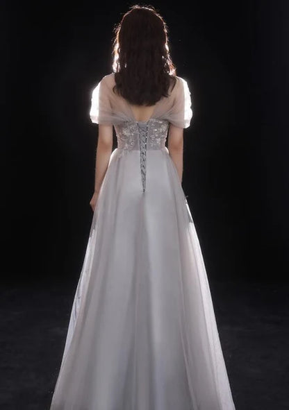 Grey Tulle A Line Prom Dress Lace Appliques Puff Short Sleeve Corset Back