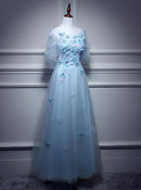 Light Blue Tulle A Line Prom Dress 3D Butterfly Floral Appliques Flutter Sleeves