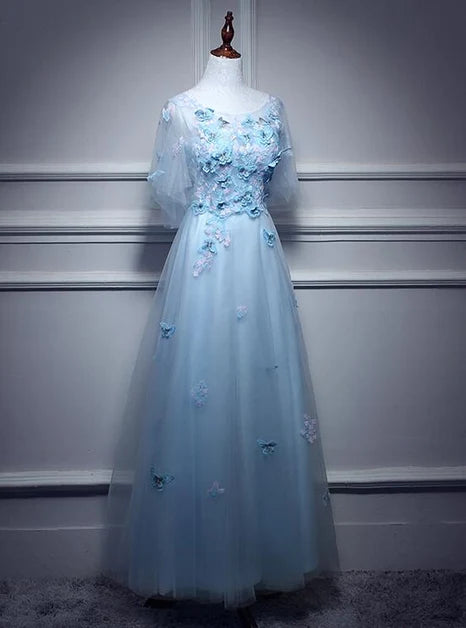 Light Blue Tulle A Line Prom Dress 3D Butterfly Floral Appliques Flutter Sleeves